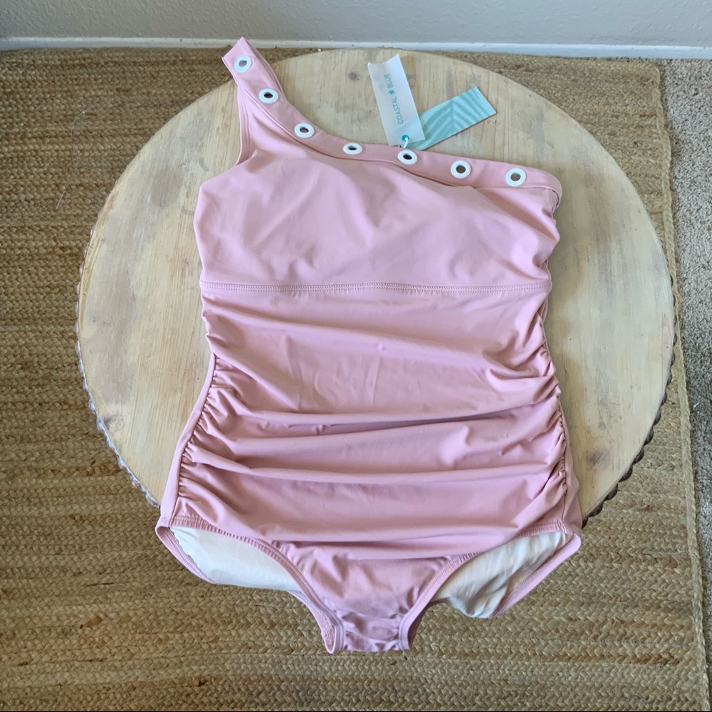 Coastal Blue Light Pink One Shoulder Swim Suit, Sz 4-6
